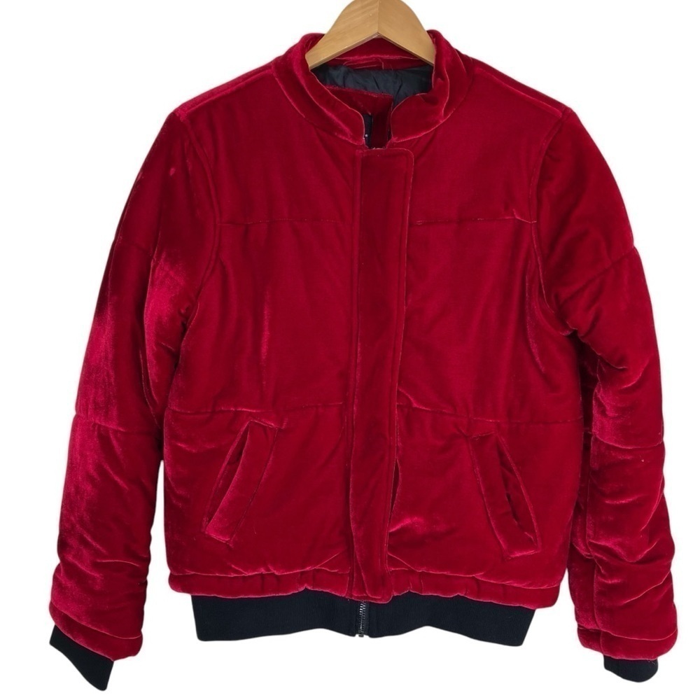 Me Jane Velvet Plush Bomber Puffer Jacket Zip Up Vibrant Cherry Red Cozy FLAWS S